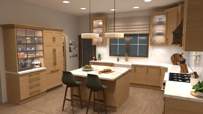 Warm modern kitchen with natural wood cabinetry and marble surfaces